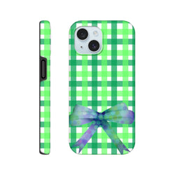 Green gingham iPhone case featuring a polka-dot coquette bow. Tough protective cover with seamless wraparound print for a cute streetwear aesthetic.