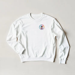 White sweatshirt featuring a colorful retro circular palm tree logo on the chest. Tropical streetwear design.