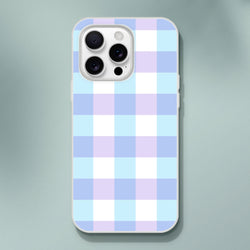 Blue gingham pastel checkered iPhone case for iPhone 13-16, slim flexible shell with vibrant printed design.