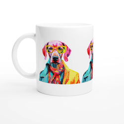 Gent Dog Mug Gift For Her: vibrant multicolor dog wearing yellow glasses on a white ceramic mug