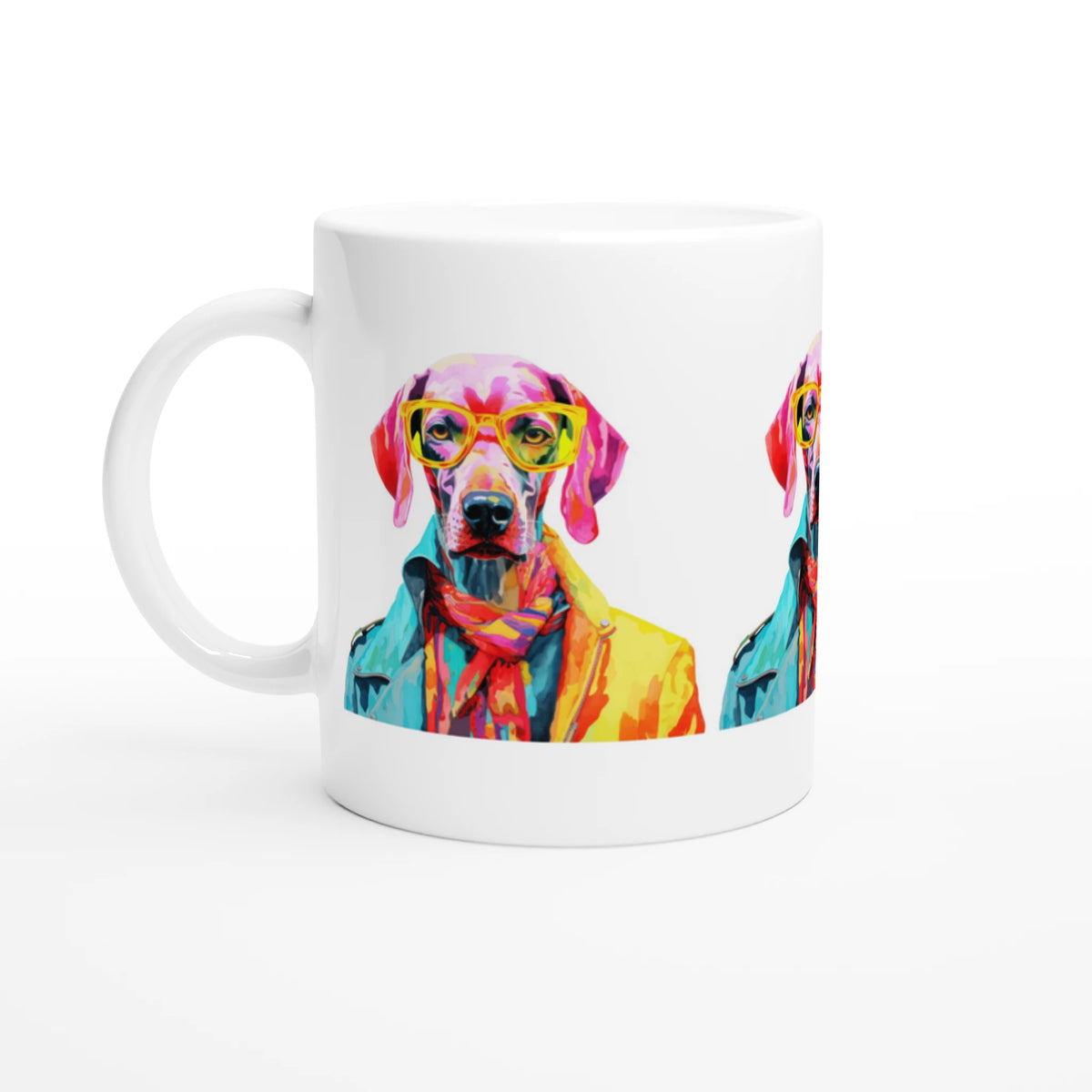 Gent Dog Mug Gift For Her: vibrant multicolor dog wearing yellow glasses on a white ceramic mug
