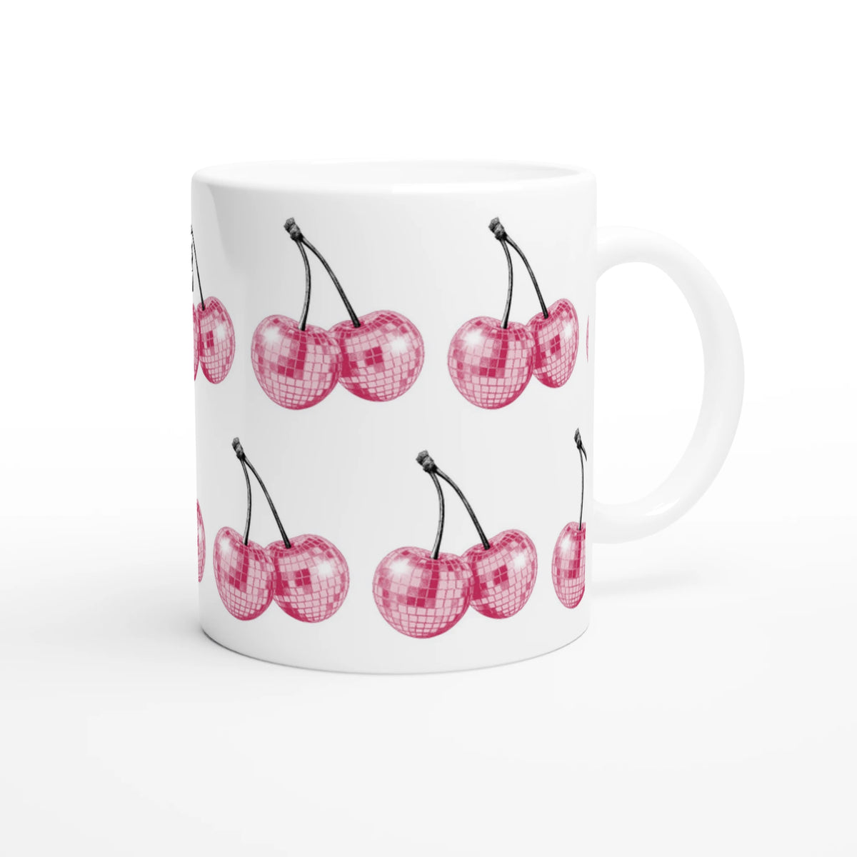 White ceramic mug with pink glitter cherries pattern, gift for her.