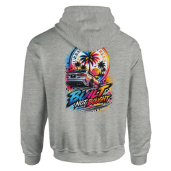 Grey "Built Not Bought" car hoodie featuring a colorful custom sedan and palm tree sunset graphic on the back.