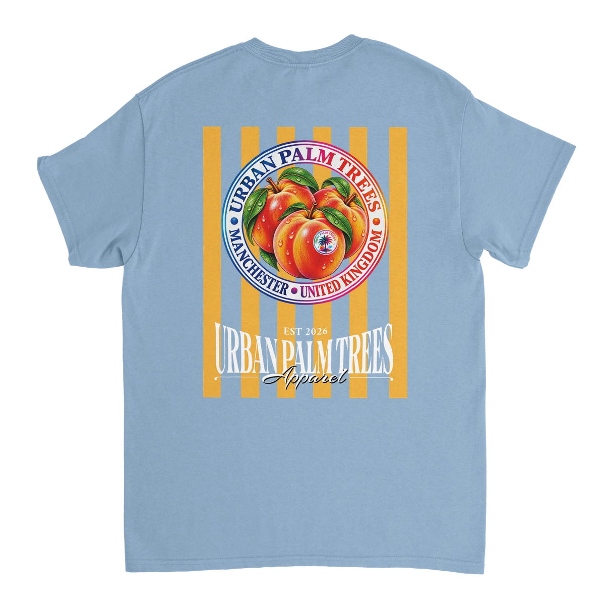 Back of light blue t-shirt featuring retro striped peach graphic with Urban Palm Trees text and Manchester United Kingdom details.