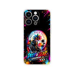 Vibrant Petrolhead iPhone case featuring a manual gear shifter, palm tree sunset graphic, and colorful paint splatter art.