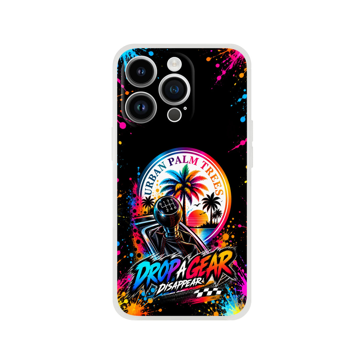 Vibrant Petrolhead iPhone case featuring a manual gear shifter, palm tree sunset graphic, and colorful paint splatter art.