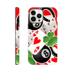 Tough iPhone case featuring Ace of Hearts, 8 ball, four-leaf clover, and horseshoe luck motif on impact-resistant shield.