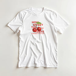 Retro white t-shirt featuring red cherries and "How Sweet The Taste" graphic text for a cute fruit tee look.