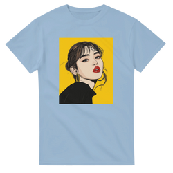 Light blue men's t-shirt featuring a bold pop art graphic of a woman with red lips and gold hoop earrings on a yellow background.