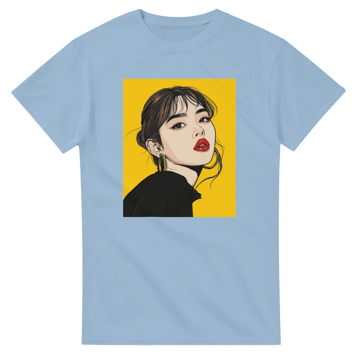Light blue men's t-shirt featuring a bold pop art graphic of a woman with red lips and gold hoop earrings on a yellow background.