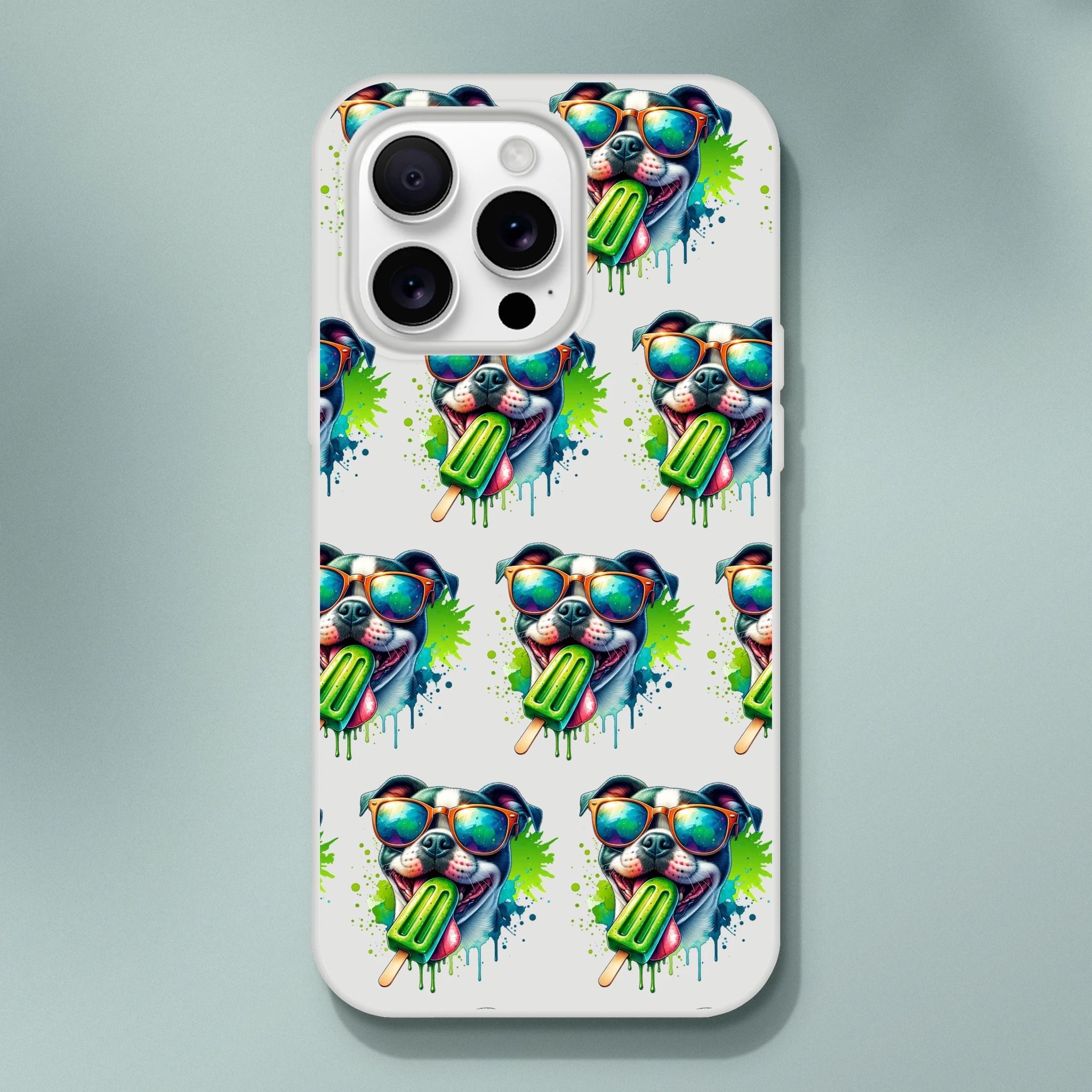 Chill Dog phone case: cool dogs wearing sunglasses and popsicles on a transparent protective cover for iPhone 13–16