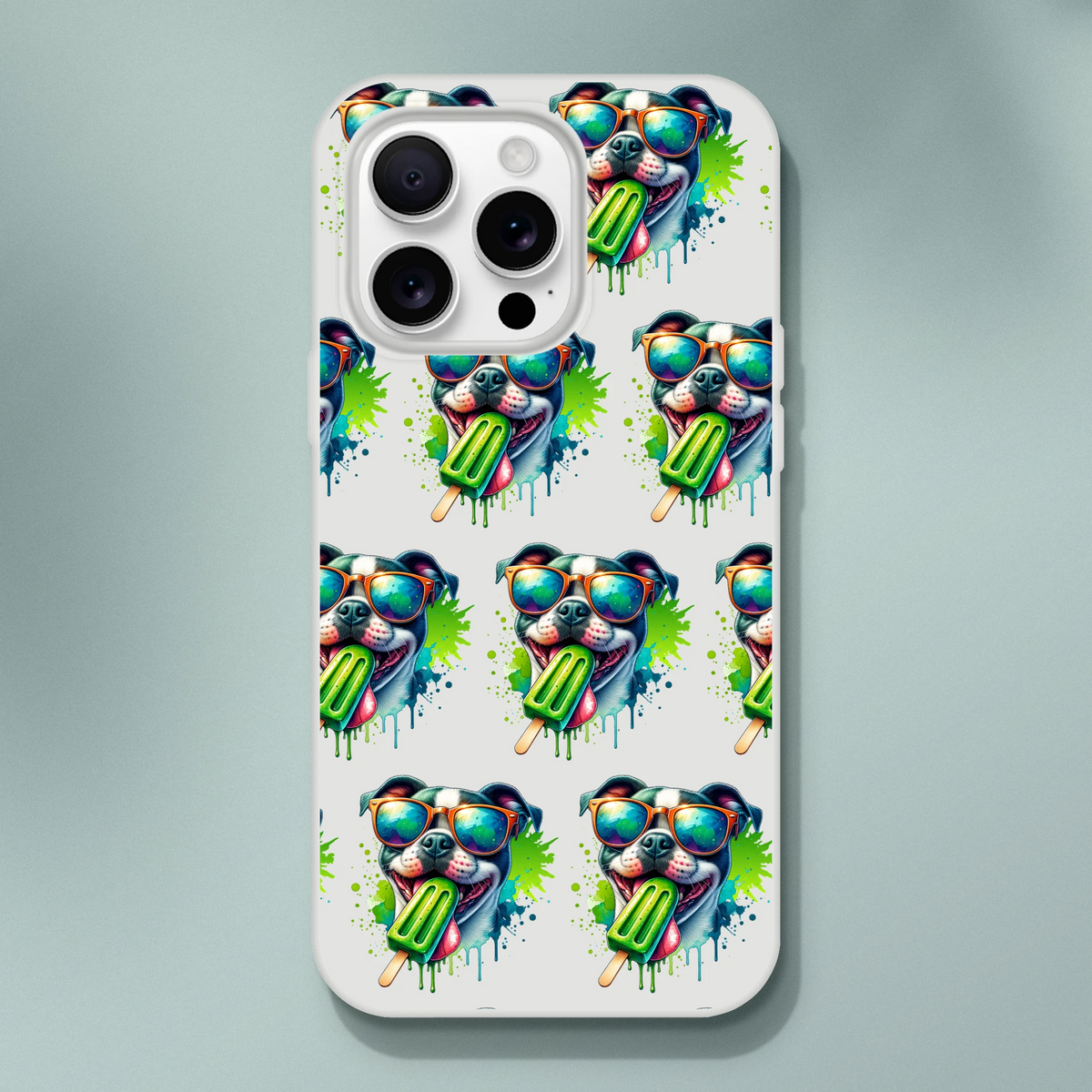 Chill Dog phone case: cool dogs wearing sunglasses and popsicles on a transparent protective cover for iPhone 13–16