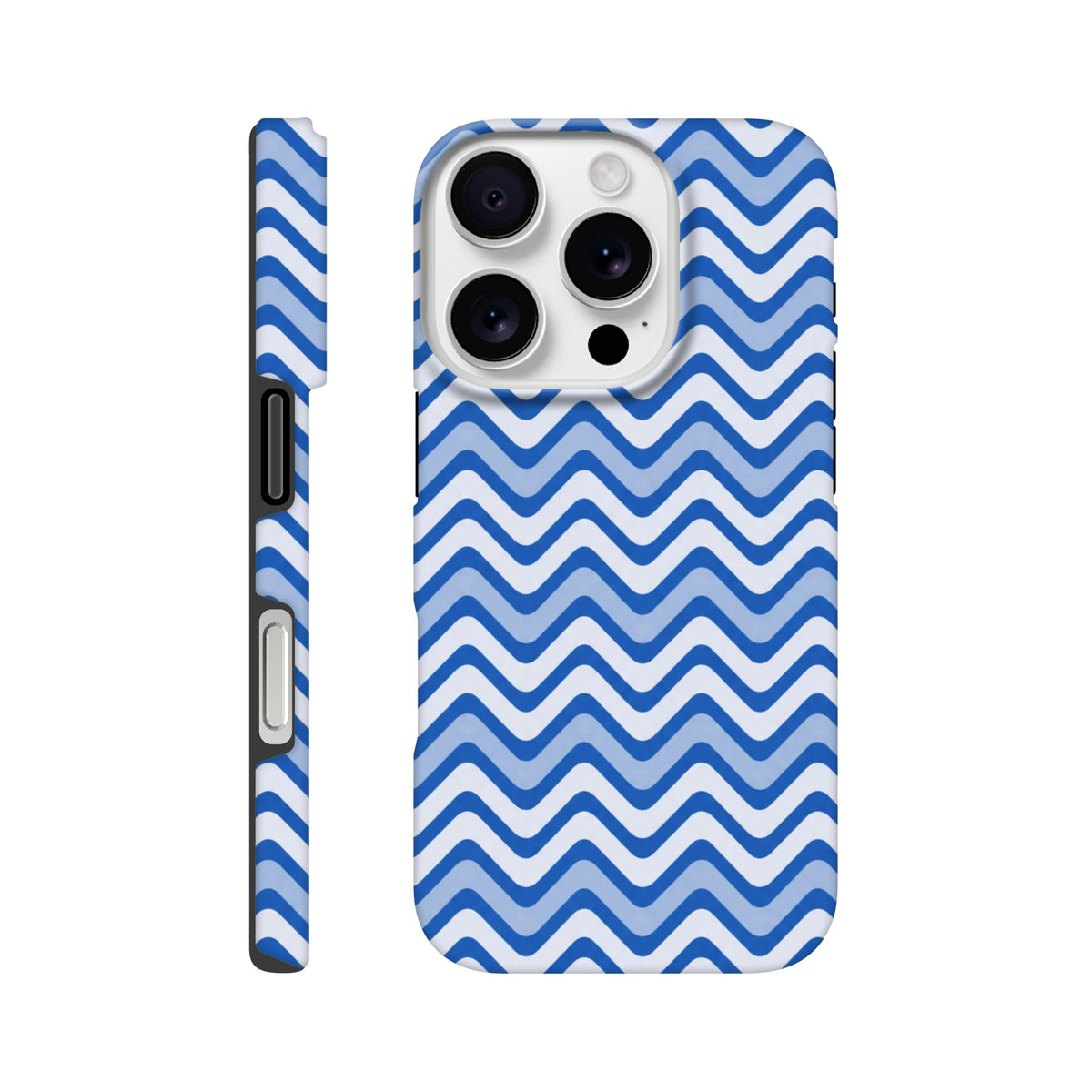 Retro blue and white zigzag iPhone case with dual-layer TPU shock absorption and glossy wraparound print for reliable daily protection.