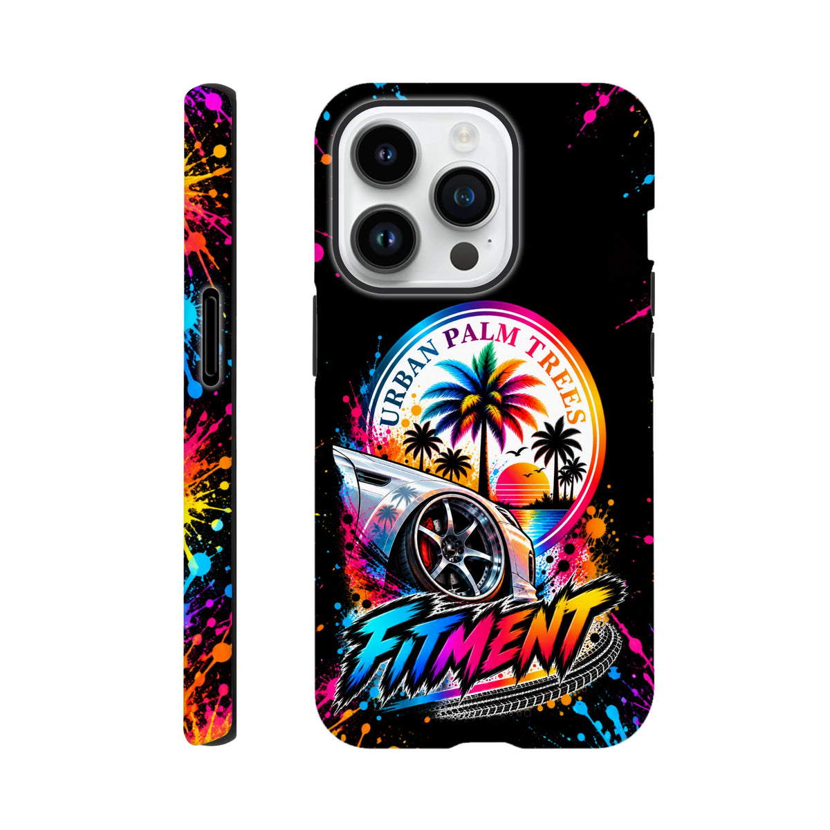 Retro-style iPhone case featuring a lowered modified car, neon "Urban Palm Trees" sunset graphic, and colorful paint splatter sides.