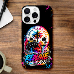 Vibrant iPhone case featuring colorful Urban Palm Trees artwork with a tachometer, paint splatters, and bold Redline lettering on a black background.