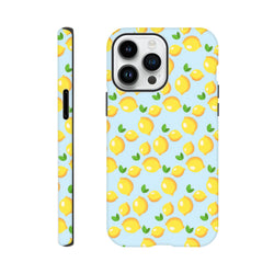 Cute lemon tough iPhone case with fresh yellow fruit pattern on light blue background for models 13-16.