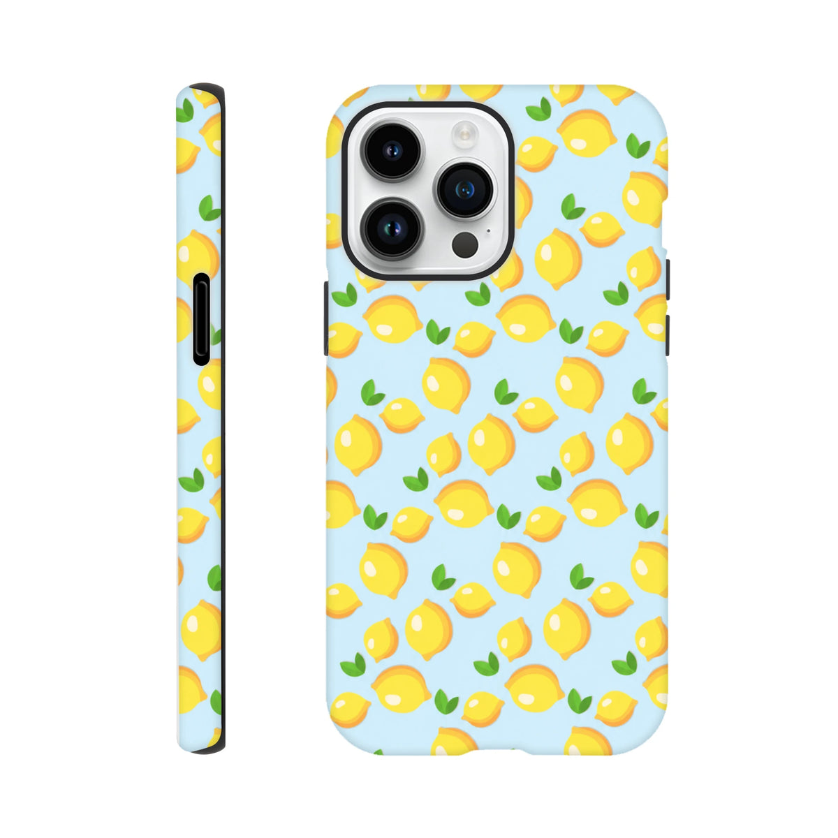 Cute lemon tough iPhone case with fresh yellow fruit pattern on light blue background for models 13-16.