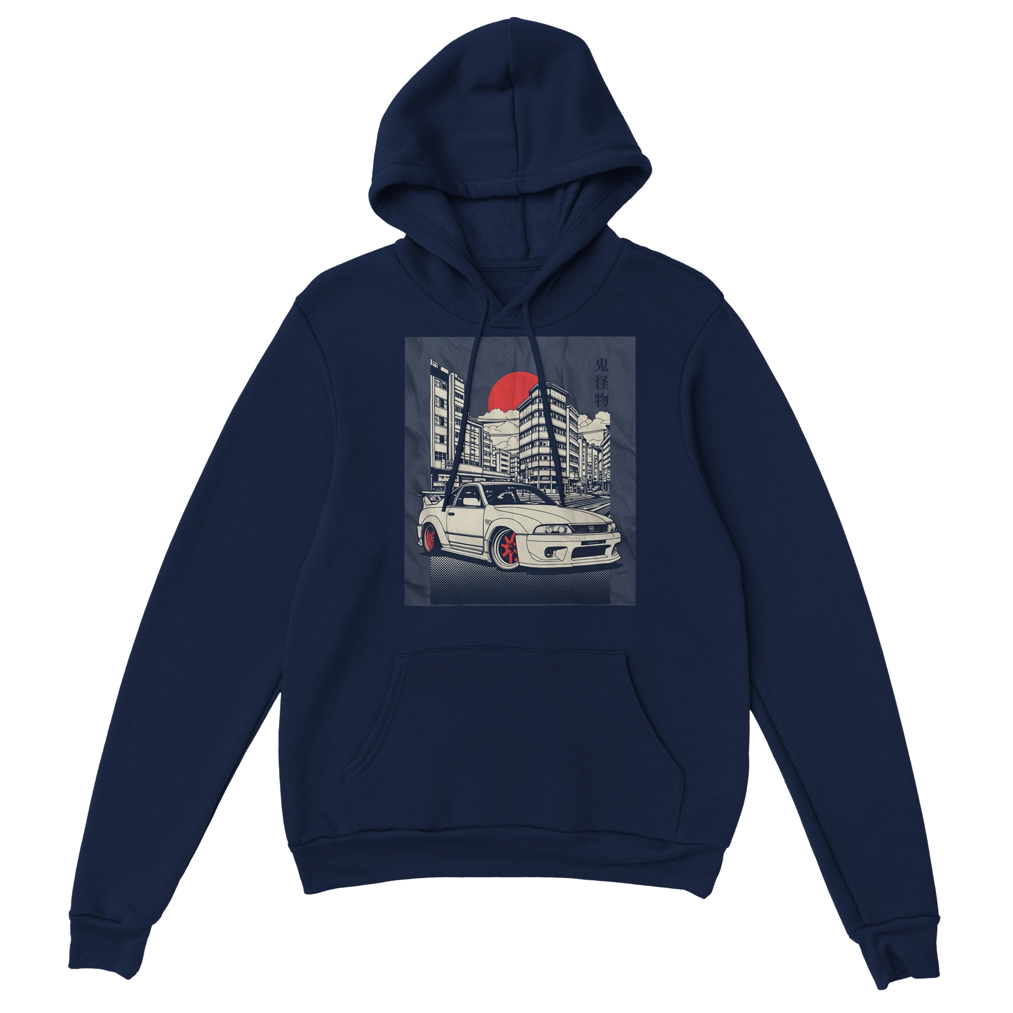 Navy Car Jumper JDM Hoodie with city skyline and car graphic, 50/50 cotton-poly, front pocket, drawstring hood.
