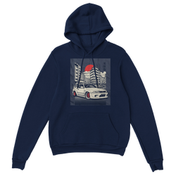 Navy Car Jumper JDM Hoodie with city skyline and car graphic, 50/50 cotton-poly, front pocket, drawstring hood.