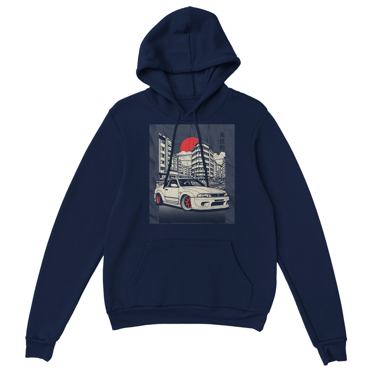 Navy Car Jumper JDM Hoodie with city skyline and car graphic, 50/50 cotton-poly, front pocket, drawstring hood.