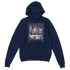 Navy Car Jumper JDM Hoodie with city skyline and car graphic, 50/50 cotton-poly, front pocket, drawstring hood.