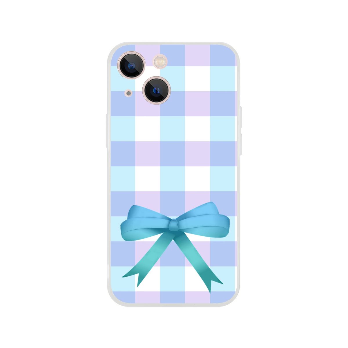 Blue gingham bow iPhone case for 13-16 with pastel checker pattern and teal bow, cute coquette vibe.