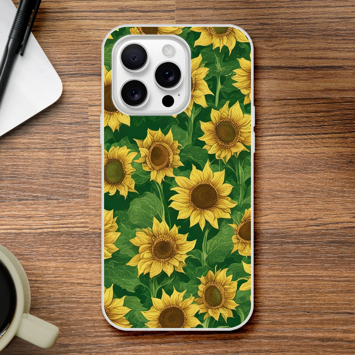 Sunflower iPhone Case 13-16 floral botanical phone cover with yellow sunflowers on green leaves, matte finish