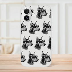 Transparent iPhone case with a repeating gangster dog head pattern wearing sunglasses and chains, for iPhone 13-16.