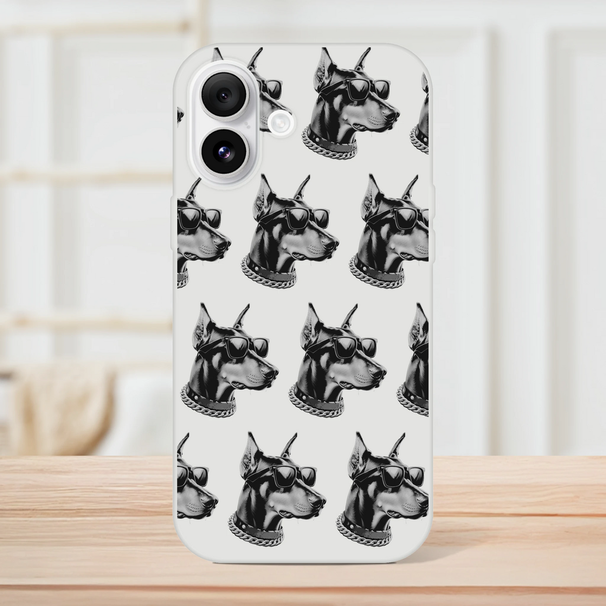 Transparent iPhone case with a repeating gangster dog head pattern wearing sunglasses and chains, for iPhone 13-16.