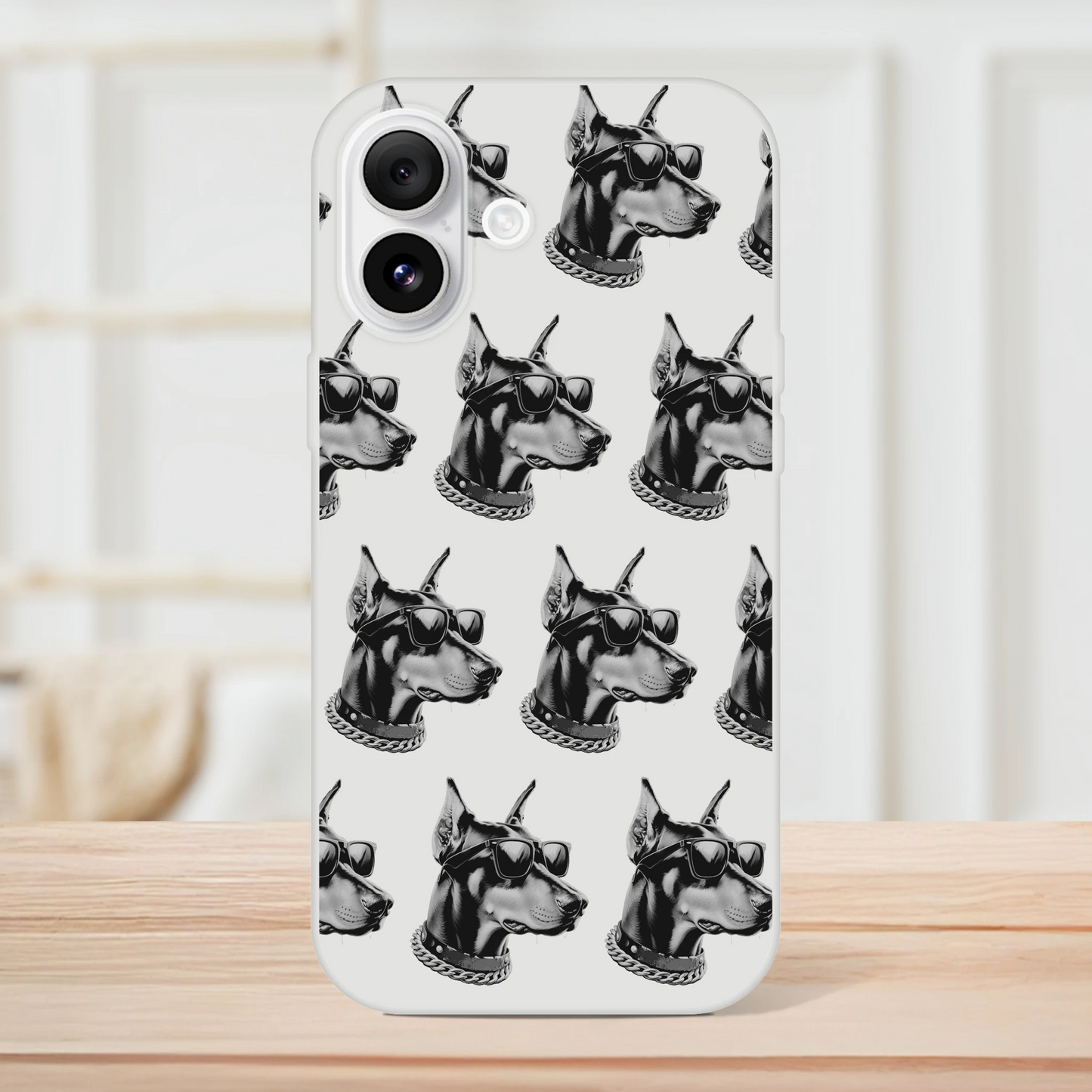 Transparent iPhone case with a repeating gangster dog head pattern wearing sunglasses and chains, for iPhone 13-16.