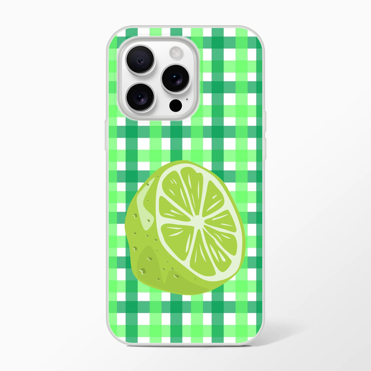 Bold lime gingham iPhone case for 13-16 in green with lime-slice graphic.