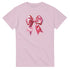 Pastel pink women's cotton-blend tee with glossy pink bow graphic, short-sleeve crew neck.