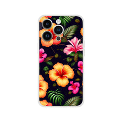 Tropical hibiscus floral iPhone case for iPhone 13–16 with bold petals and green leaves.