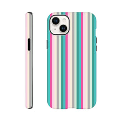 Retro pink and aqua vertical stripe tough iPhone case with vintage aesthetic and durable protective design for daily carry.