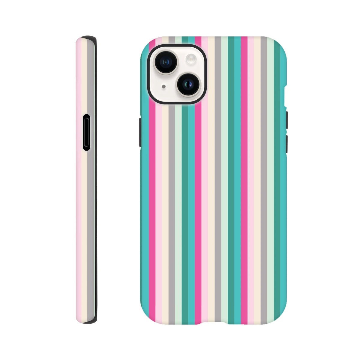 Retro pink and aqua vertical stripe tough iPhone case with vintage aesthetic and durable protective design for daily carry.