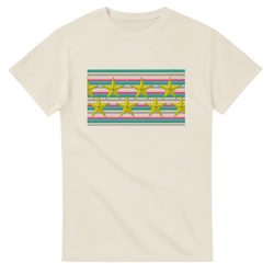 Cream women's tee with pastel striped panel and bold gold star graphic.
