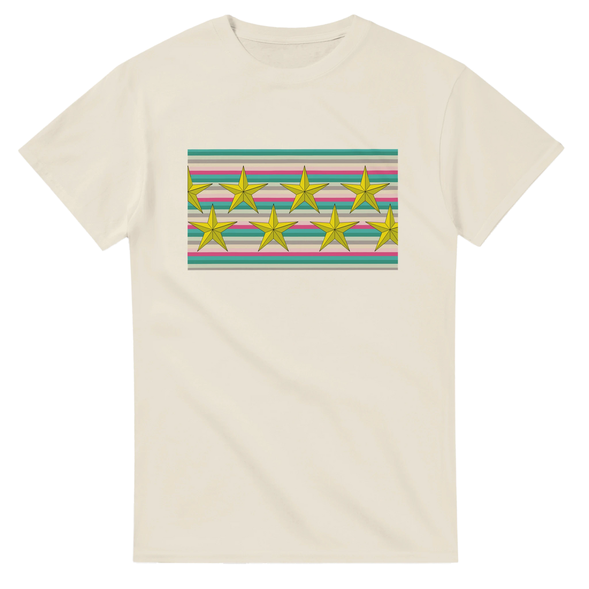 Cream women's tee with pastel striped panel and bold gold star graphic.
