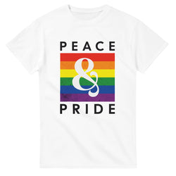White LGBTQ Pride women's T-shirt featuring rainbow square and white ampersand with PEACE & PRIDE text.