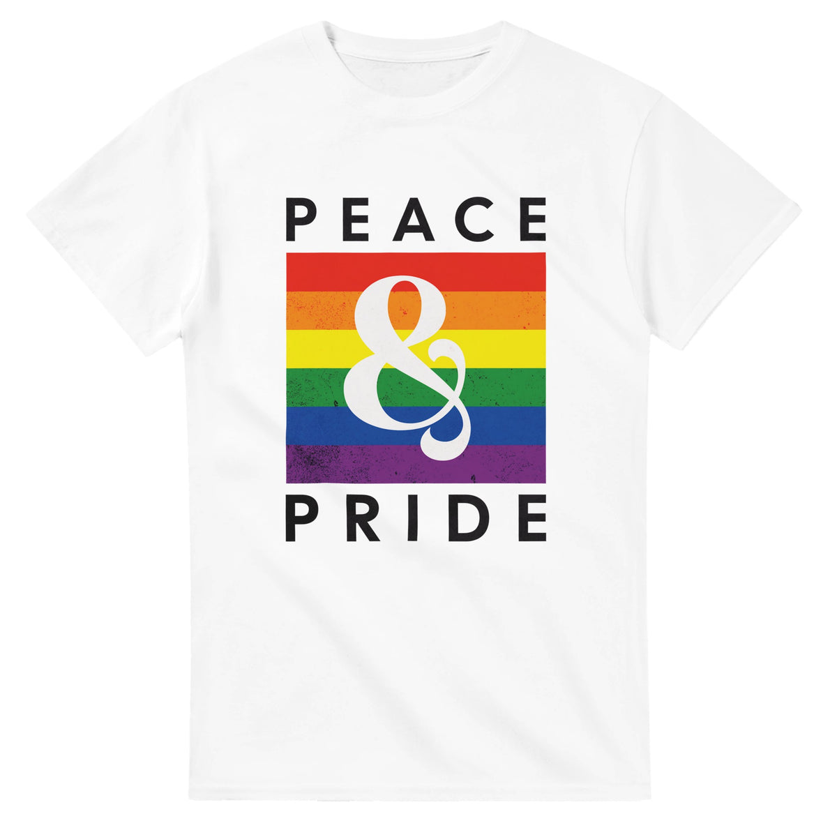 White LGBTQ Pride women's T-shirt featuring rainbow square and white ampersand with PEACE & PRIDE text.