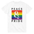 White LGBTQ Pride women's T-shirt featuring rainbow square and white ampersand with PEACE & PRIDE text.