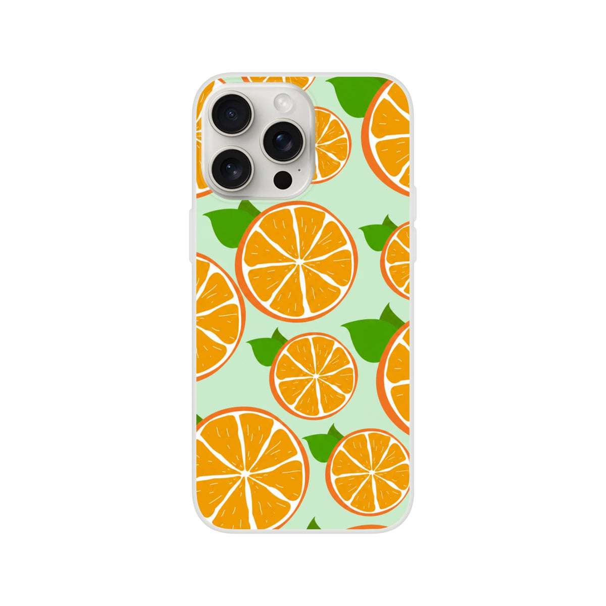 iPhone case with orange slice pattern on mint green background, citrus-inspired design