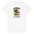 White women's graphic T-shirt with tropical sunset beach scene, palm trees and waves.