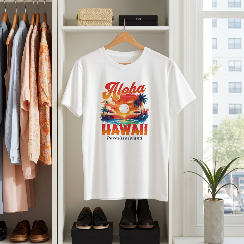 White t-shirt with 'Aloha Hawaii Paradise Island' design hanging in a closet.