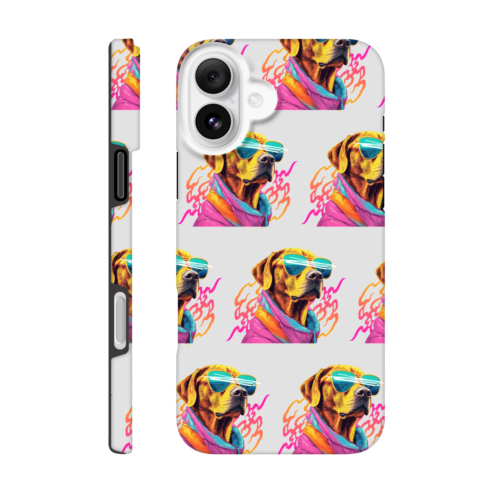 Cool dog print dual-layer phone case with wraparound design and glossy finish for iPhone 16/15/14/13