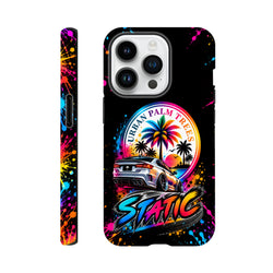 Static iPhone case featuring a lowered modified car, Urban Palm Trees sunset, and colorful paint splatters on a black background.