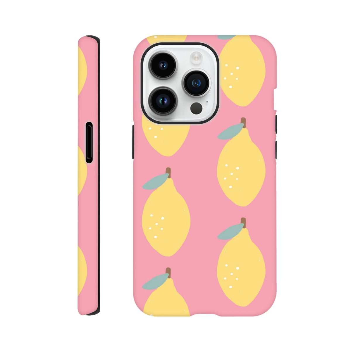 Pink iPhone case with cute yellow lemon and leaf pattern on pastel pink background, designed for rugged protection and street style.