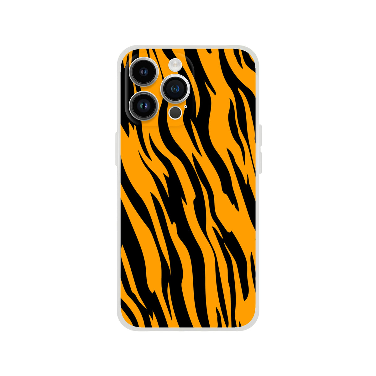 Orange and black tiger print iPhone case for models 13–16, slim matte shell with vibrant design.