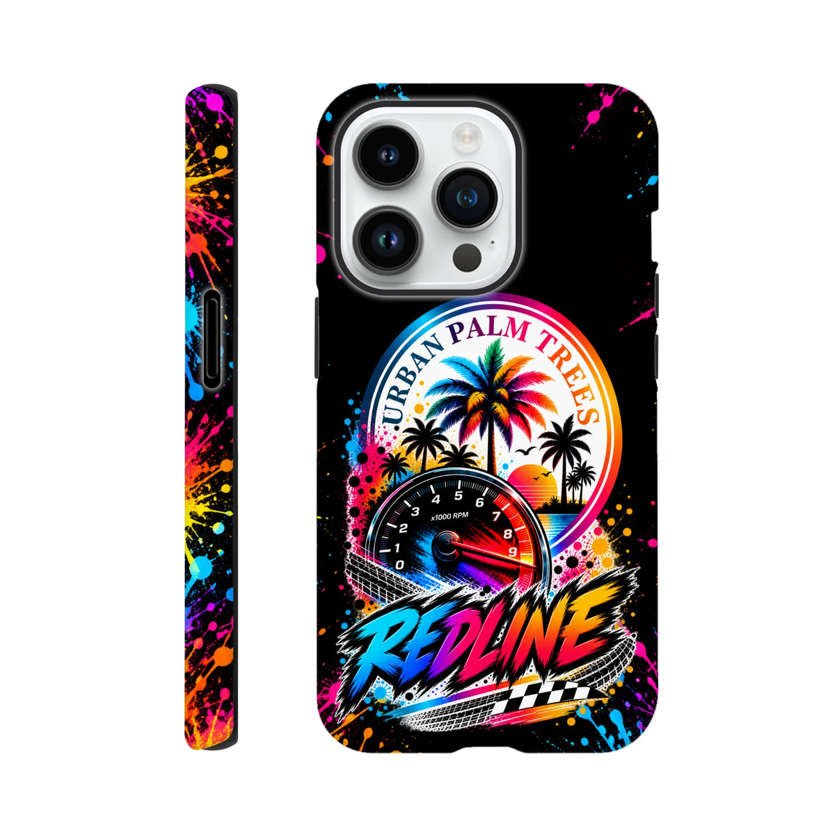 Vibrant iPhone case featuring Urban Palm Trees graphic, tachometer, and Redline text with colorful paint splatters on black background.
