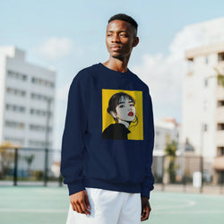 Navy men's sweatshirt featuring a bold Pop Art woman's portrait graphic on a yellow square background for streetwear style.