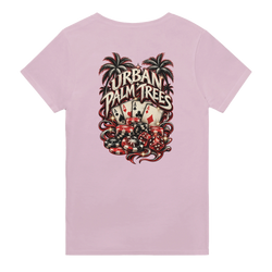 Pink men's t-shirt back print featuring retro "Urban Palm Trees" poker graphic with aces, chips, and dice.